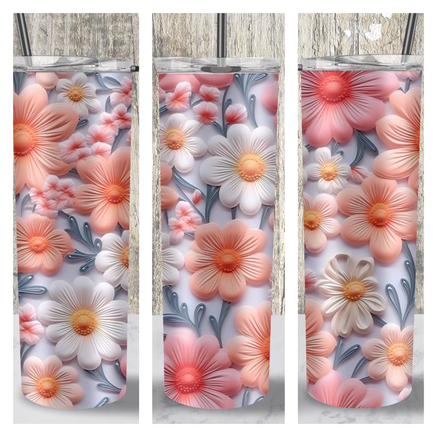 20oz Stainless Tumbler ~ 3D Flowers 003