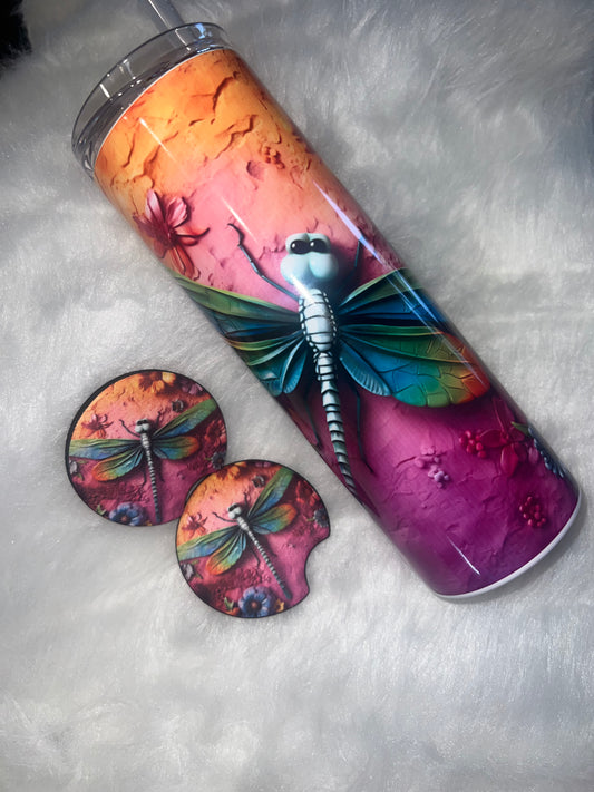 20oz Stainless Tumbler with Matching Car Coasters (2) ~ 3D Dragonfly