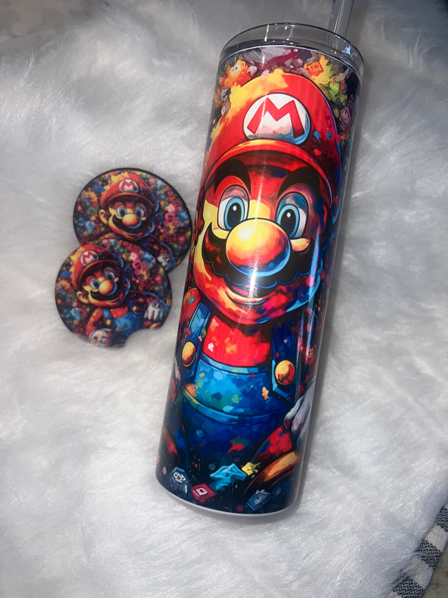 20oz Stainless Tumbler with Matching Car Coasters (2) ~ Mario